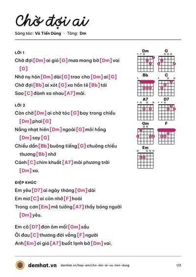 Hợp âm Chờ đợi ai (Thùy Dương) – bản nhạc PDF trang 1, tông Dm