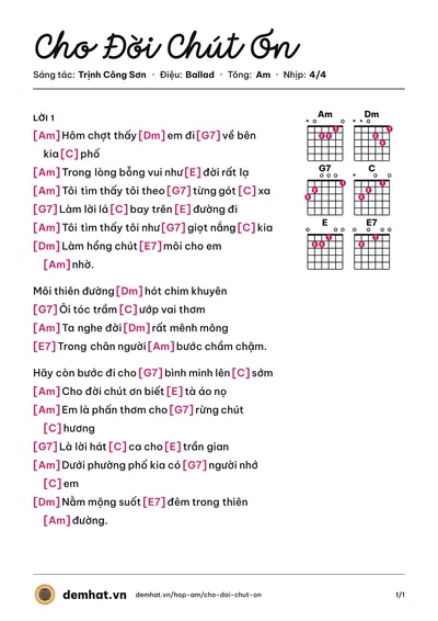 Hợp âm Cho Đời Chút Ơn (Trịnh Vĩnh Trinh) – bản nhạc PDF trang 1, tông Am