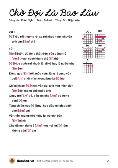 Hợp âm Chờ Đợi Là Bao Lâu (Xuân Nghi) – bản nhạc PDF trang 1, tông G