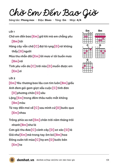 Hợp âm Chờ Em Đến Bao Giờ (Phong max) – bản nhạc PDF trang 1, tông Em