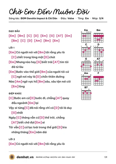 Hợp âm Chờ Em Đến Muôn Đời (Chi Dân) – bản nhạc PDF trang 1, tông Em