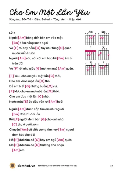 Hợp âm Cho Em Một Lần Yêu (Đông Nhi) – bản nhạc PDF trang 1, tông Am