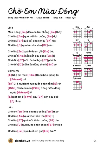 Hợp âm Chờ Em Mùa Đông (Phạm Văn Hải) – bản nhạc PDF trang 1, tông Em