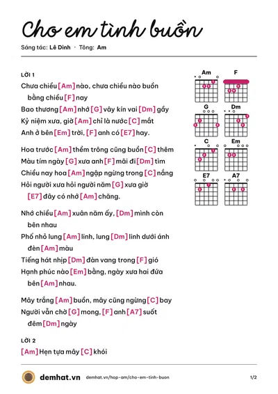 Hợp âm Cho em tình buồn (Huy Luân) – bản nhạc PDF trang 1, tông Am
