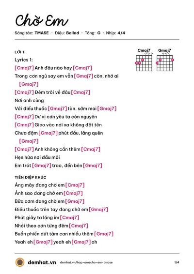 Hợp âm Chờ Em (TMASE) – bản nhạc PDF trang 1, tông G