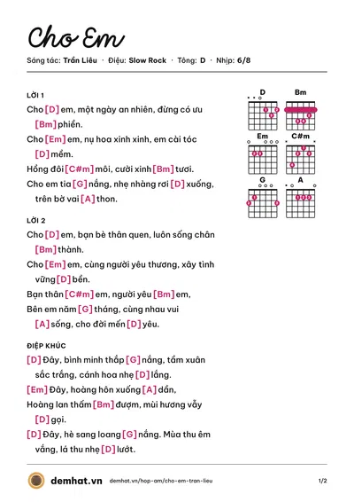 Hợp âm Cho Em (Anh Kim) – bản nhạc PDF trang 1, tông D