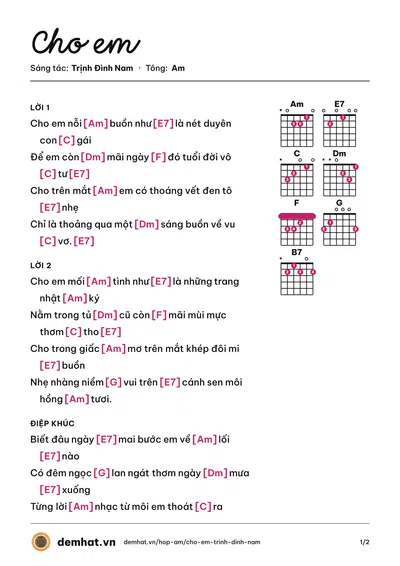 Hợp âm Cho em (Lê Thu Hà) – bản nhạc PDF trang 1, tông Am