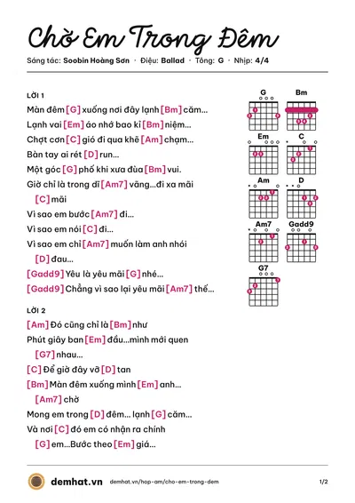 Hợp âm Chờ Em Trong Đêm (Soobin Hoàng Sơn) – bản nhạc PDF trang 1, tông G