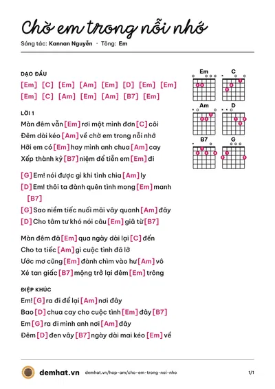 Hợp âm Chờ em trong nỗi nhớ (Kannan Nguyễn) – bản nhạc PDF trang 1, tông Em