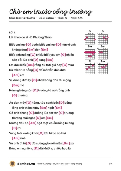 Hợp âm Chờ em trước cổng trường (Hà Phương) – bản nhạc PDF trang 1, tông G