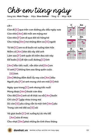 Hợp âm Chờ em từng ngày (Lam Trường) – bản nhạc PDF trang 1, tông C
