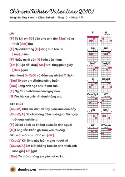 Hợp âm Chờ em(White Valentine 2010) (Duy Khoa) – bản nhạc PDF trang 1, tông C