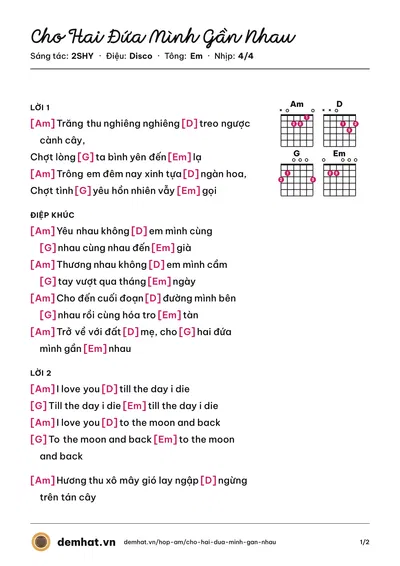 Hợp âm Cho Hai Đứa Mình Gần Nhau (2SHY) – bản nhạc PDF trang 1, tông Em