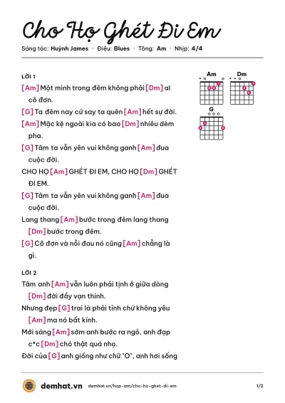 Hợp âm Cho Họ Ghét Đi Em (Huỳnh James) – bản nhạc PDF trang 1, tông Am