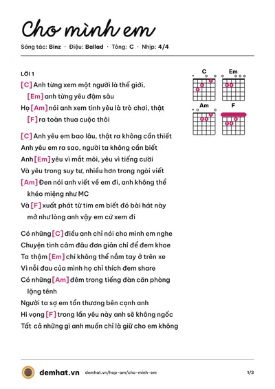Hợp âm Cho mình em (Binz) – bản nhạc PDF trang 1, tông C