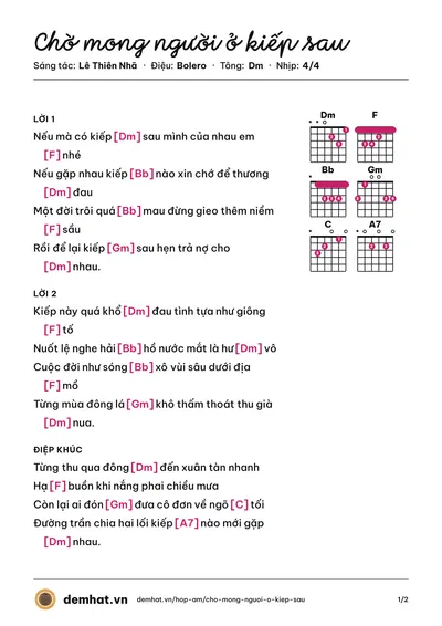 Hợp âm Chờ mong người ở kiếp sau (Đức Hạnh) – bản nhạc PDF trang 1, tông Dm