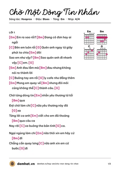 Hợp âm Chờ Một Dòng Tin Nhắn (Đặng Minh) – bản nhạc PDF trang 1, tông Em