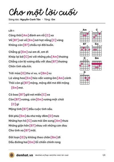Hợp âm Cho một lời cuối (Thanh Yên) – bản nhạc PDF trang 1, tông Em