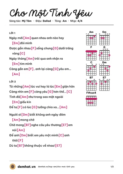 Hợp âm Cho Một Tình Yêu (Mỹ Tâm) – bản nhạc PDF trang 1, tông Am