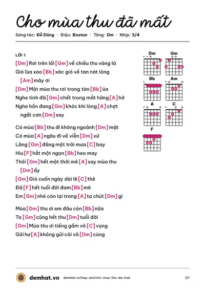 Hợp âm Cho mùa thu đã mất (Đỗ Dũng) – bản nhạc PDF trang 1, tông Dm