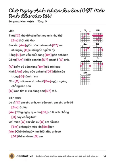 Hợp âm Chờ Ngày Anh Nhận Ra Em (OST Mối tình đầu của tôi) (Thùy Chi) – bản nhạc PDF trang 1, tông G