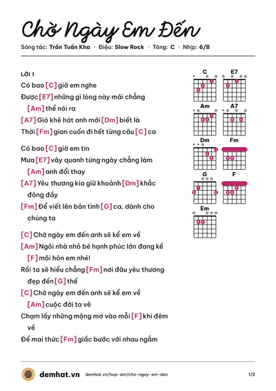 Hợp âm Chờ Ngày Em Đến (Trần Tuấn Kha) – bản nhạc PDF trang 1, tông C