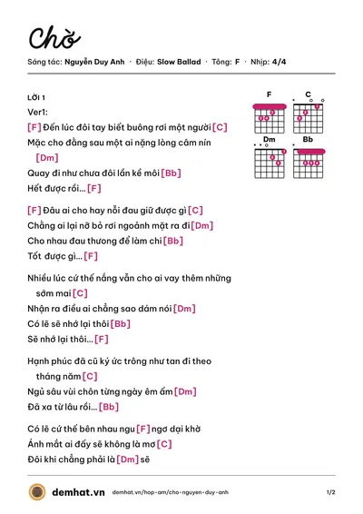 Hợp âm Chờ (Ngọc Trâm) – bản nhạc PDF trang 1, tông F