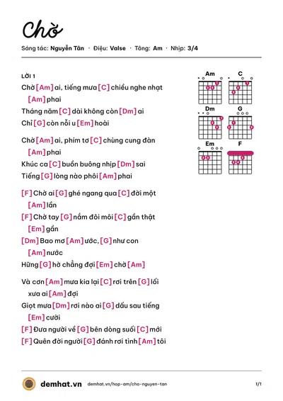 Hợp âm Chờ (Ái Tâm) – bản nhạc PDF trang 1, tông Am