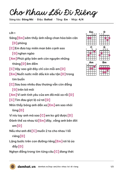 Hợp âm Cho Nhau Lối Đi Riêng (Hoàng Thùy Linh) – bản nhạc PDF trang 1, tông Em