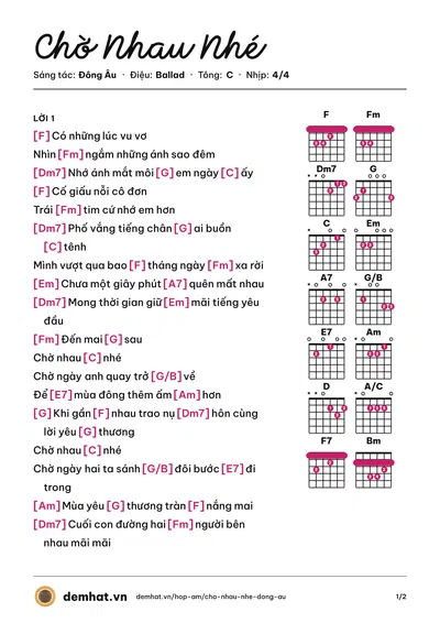 Hợp âm Chờ Nhau Nhé (ERIK) – bản nhạc PDF trang 1, tông C