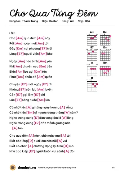 Hợp âm Cho Qua Từng Đêm (Vũ Trung Hiền) – bản nhạc PDF trang 1, tông Am
