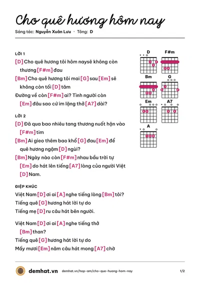 Hợp âm Cho quê hương hôm nay (Quỳnh Xuân) – bản nhạc PDF trang 1, tông D