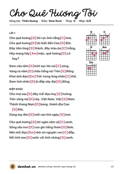 Hợp âm Cho Quê Hương Tôi (Thiên Quang) – bản nhạc PDF trang 1, tông G