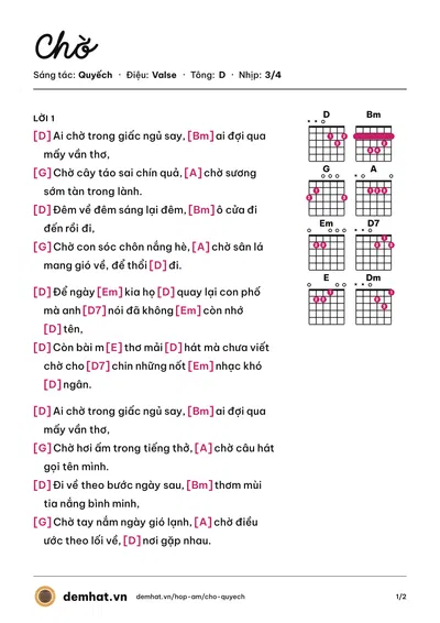 Hợp âm Chờ (Quyếch) – bản nhạc PDF trang 1, tông D
