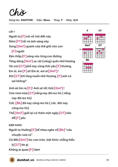Hợp âm Chờ (RADITORI) – bản nhạc PDF trang 1, tông F