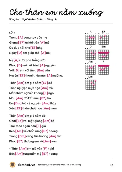 Hợp âm Cho thân em nằm xuống (Hồng Nhiên) – bản nhạc PDF trang 1, tông A