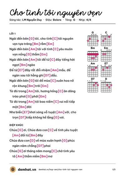 Hợp âm Cho tình tôi nguyên vẹn (Xuân Trường) – bản nhạc PDF trang 1, tông G