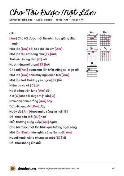 Hợp âm Cho Tôi Được Một Lần (Như Quỳnh) – bản nhạc PDF trang 1, tông Am