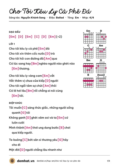 Hợp âm Cho Tôi Kêu Ly Cà Phê Đá (Nguyễn Khánh Sang) – bản nhạc PDF trang 1, tông Em