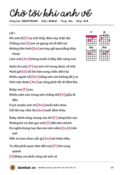 Hợp âm Chờ tới khi anh về (HIEUTHUHAI) – bản nhạc PDF trang 1, tông Am