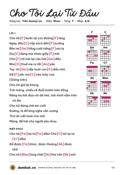 Hợp âm Cho Tôi Lại Từ Đầu (Quang Dũng) – bản nhạc PDF trang 1, tông F