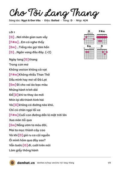 Hợp âm Cho Tôi Lang Thang (Đen Vâu) – bản nhạc PDF trang 1, tông D