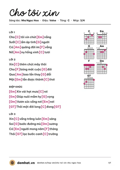 Hợp âm Cho tôi xin (Vy Thảo) – bản nhạc PDF trang 1, tông C