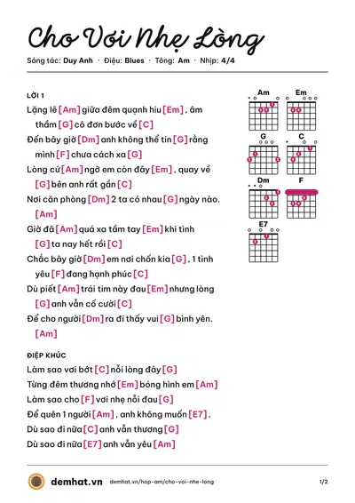 Hợp âm Cho Vơi Nhẹ Lòng (Ngô Kiến Huy) – bản nhạc PDF trang 1, tông Am