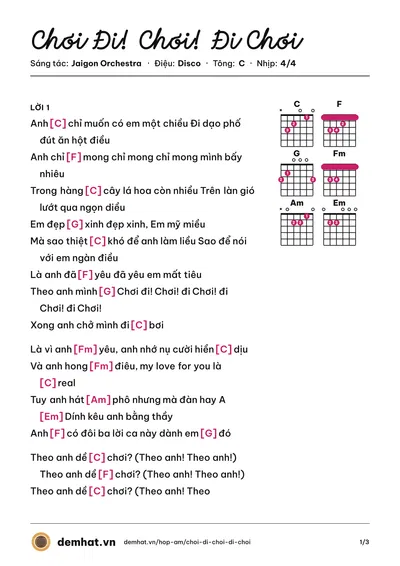 Hợp âm Chơi Đi! Chơi! Đi Chơi (Jaigon Orchestra) – bản nhạc PDF trang 1, tông C