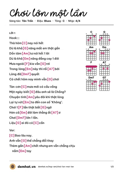 Hợp âm Chơi lớn một lần (Tân Trần) – bản nhạc PDF trang 1, tông C