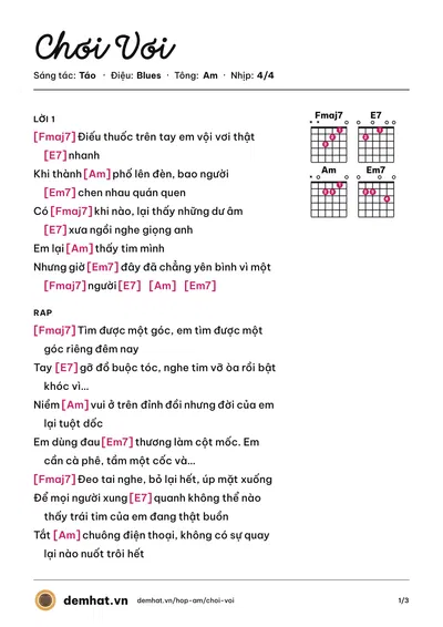 Hợp âm Chơi Vơi (Táo) – bản nhạc PDF trang 1, tông Am
