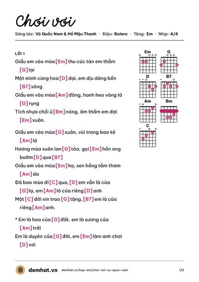 Hợp âm Chơi vơi (Tân Nhàn) – bản nhạc PDF trang 1, tông Em
