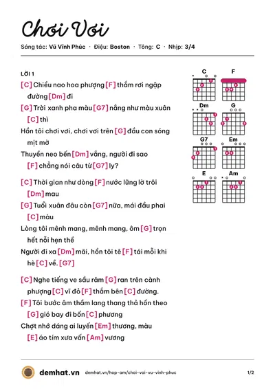 Hợp âm Chơi Vơi (Sơn Túi Đỏ) – bản nhạc PDF trang 1, tông C