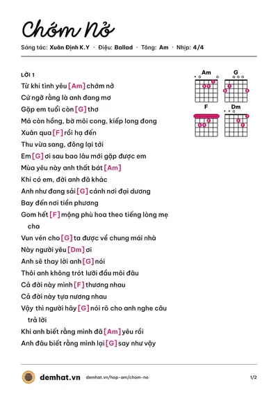 Hợp âm Chớm Nở (Xuân Định K.Y) – bản nhạc PDF trang 1, tông Am
